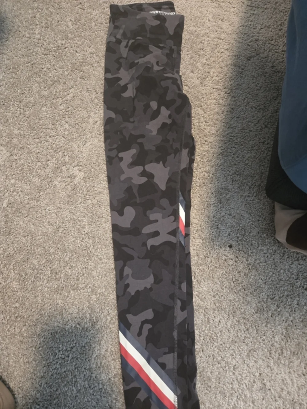 Tommy Hilfiger Black and Gray Camouflage Leggings with Red & White Stripes
